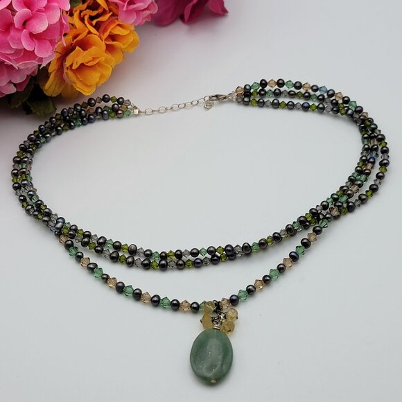 Sterling Silver Green Jade Pendant Pearl And Glass Beaded Necklace 18" Adj. - Picture 1 of 7